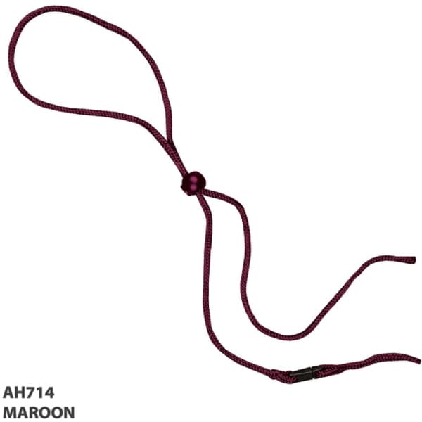 A maroon rope and toggle with a bead, featuring two loose ends for adjustment. It has a logo on the side.
