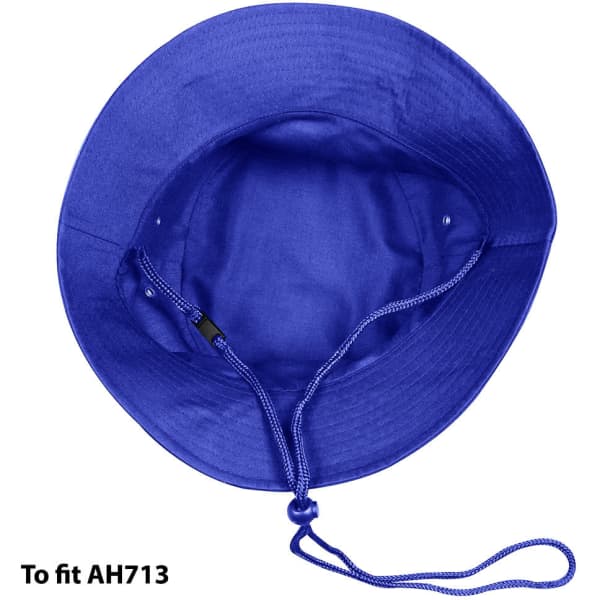A blue bucket hat with a drawstring toggle, featuring an interior lining and ventilation eyelets.
