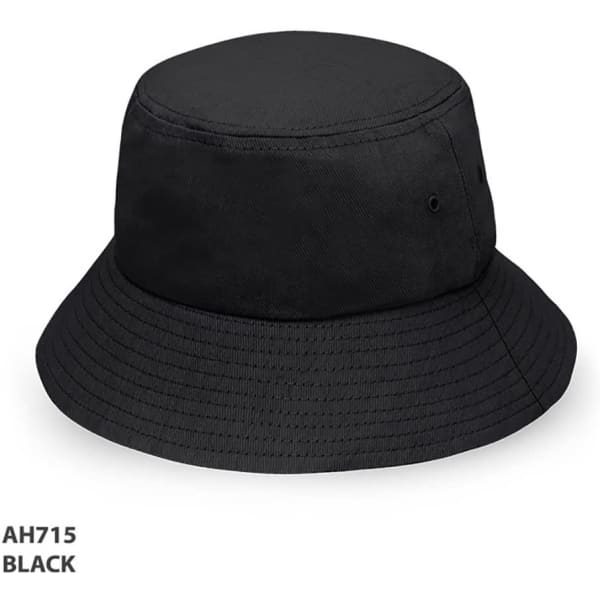 A black bucket hat featuring a wide brim and a logo on the side.