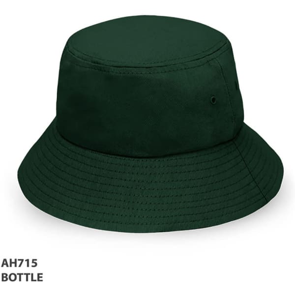 A bottle green bucket hat with a wide brim and a logo branding on the side.