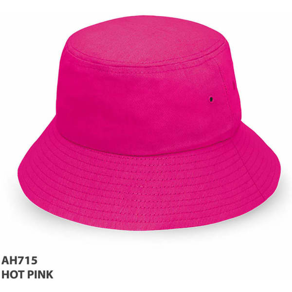 A hot pink bucket hat with a wide brim and a logo.
