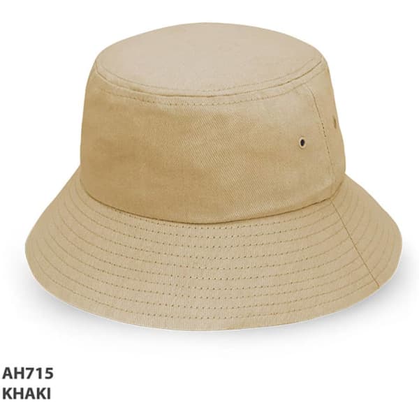 A khaki bucket hat with a wide brim and ventilation holes. It features a simple design and has a logo.