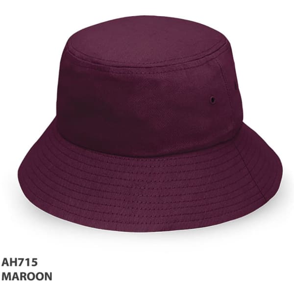 A maroon bucket hat with a wide brim and branding. Suitable for casual headwear.