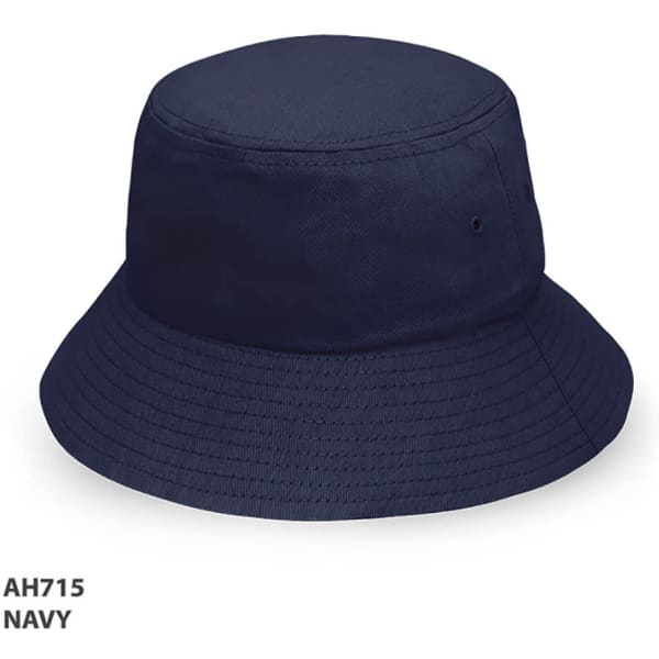 A navy bucket hat with a wide brim and a circular top, featuring a logo.