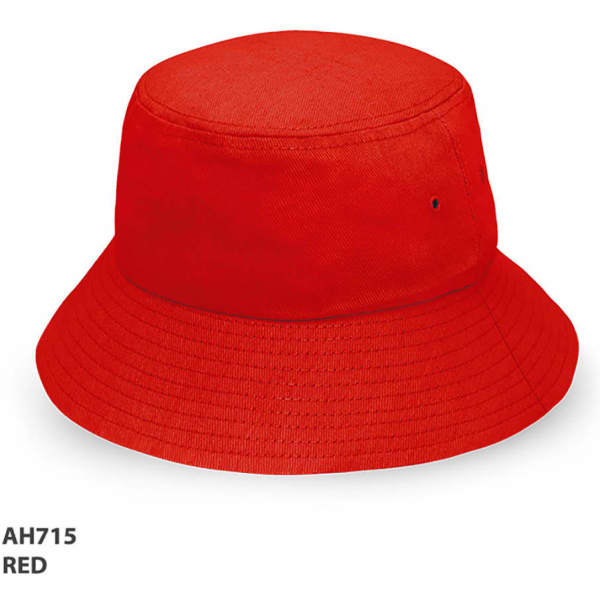 A red bucket hat with a wide brim, featuring a logo and a structured top.