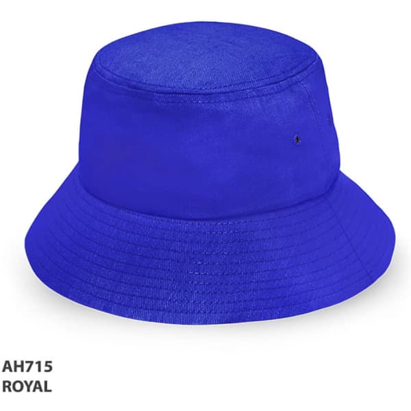 A royal blue bucket hat featuring a wide brim and a logo. Ideal for casual headwear.