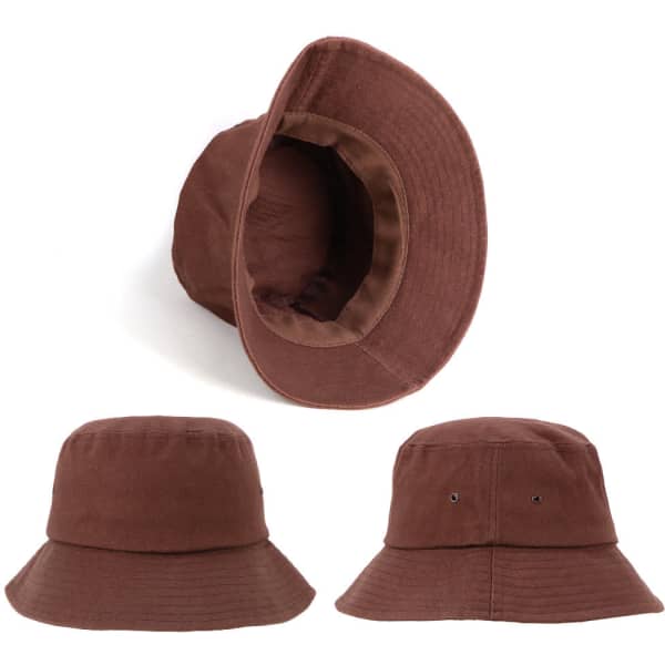 A brown bucket hat with a wide brim, featuring an interior lining and a logo.