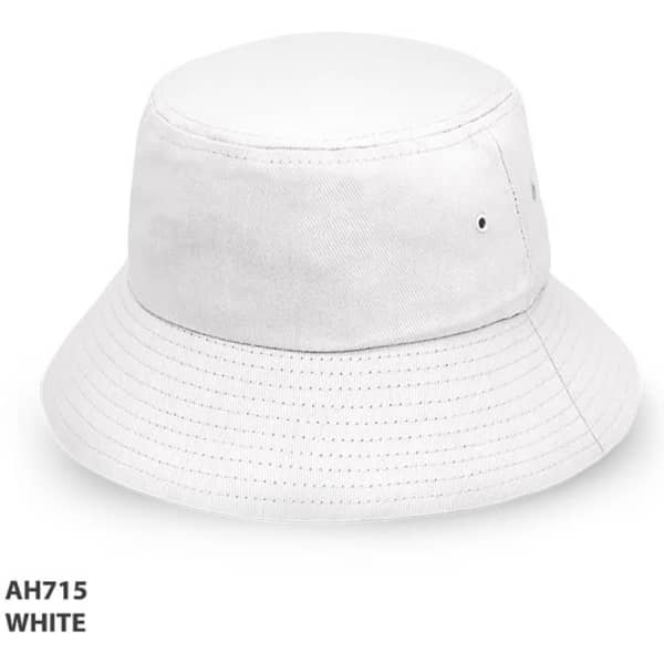 A white bucket hat with a wide brim and ventilation holes, featuring a logo on the band.