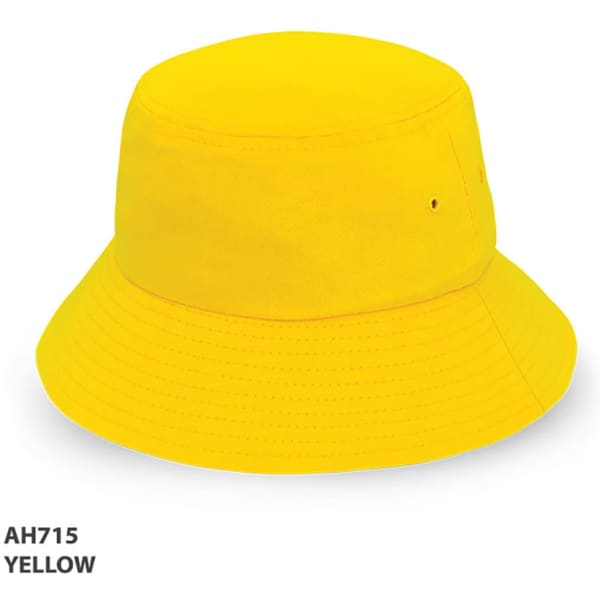 A bright yellow bucket hat with a wide brim and a logo on the side.