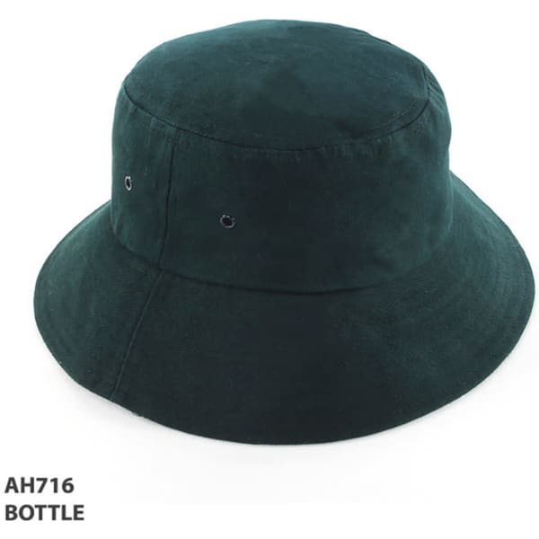 A green bucket hat with a wide brim and eyelets, featuring a logo.