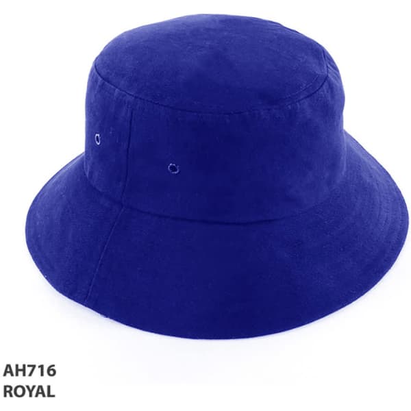 A royal blue bucket hat with a wide brim, featuring eyelets for breathability and a simple design.