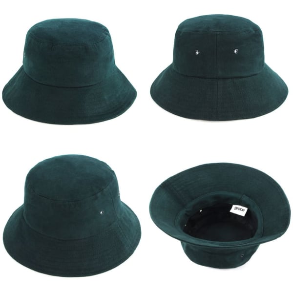 A green kids bucket hat featuring a wide brim and inner tag, with two decorative side studs.