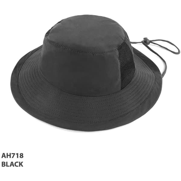 A black microfibre bucket hat featuring a mesh panel and adjustable drawstring. Includes a logo.