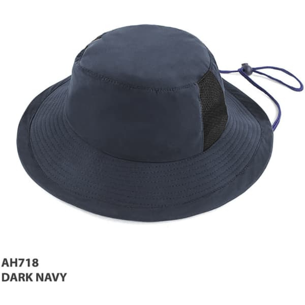 A dark navy microfibre bucket hat with a mesh panel and adjustable cord. It features a logo on the side.