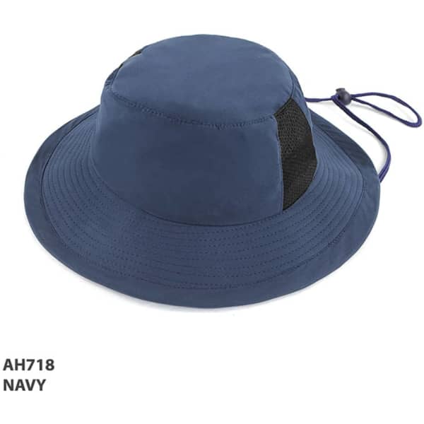 A navy microfibre surf hat with a wide brim, mesh side panels, and an adjustable chin strap.
