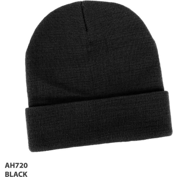 Acrylic beanie in black with a fold-over design, featuring a logo or branding on the side.