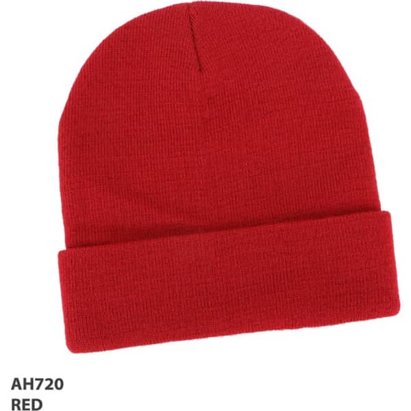 Acrylic beanie in bright red, featuring a folded cuff and a branding logo.