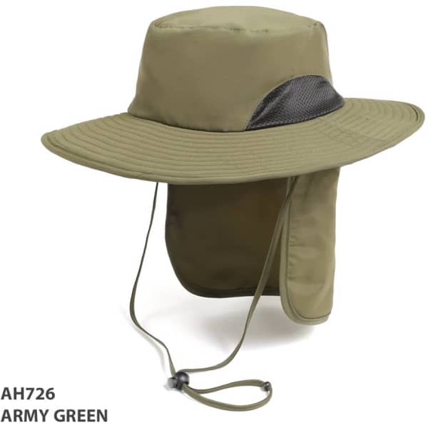 An army green outdoor hat with a wide brim and a neck flap, featuring a mesh panel and an adjustable chin strap.