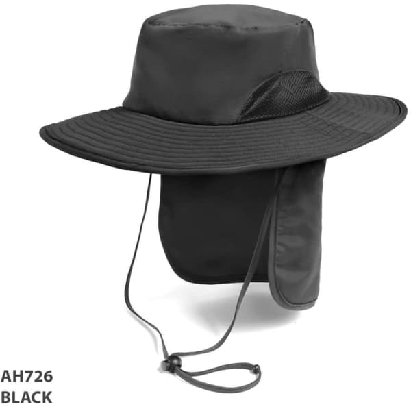 A black outdoor hat featuring a wide brim, mesh panel, and neck flap for sun protection. It includes an adjustable chin strap.