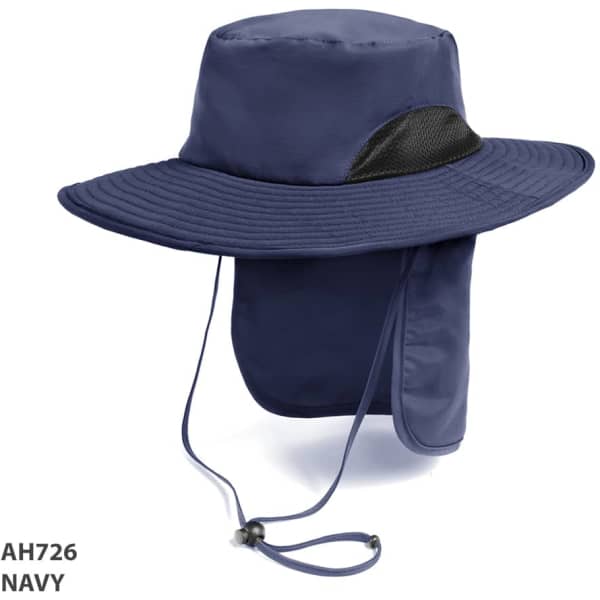A navy outdoor hat with a wide brim, mesh panel, and neck flap, featuring a drawstring for adjustability.