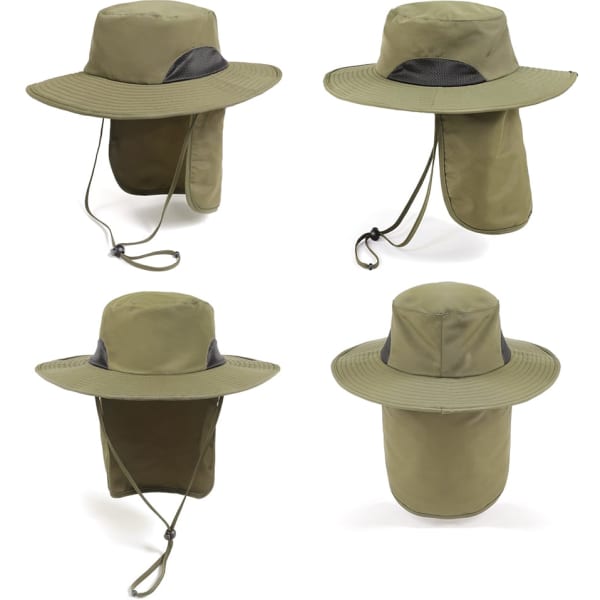 An olive green outdoor hat featuring a wide brim and a neck flap, designed for sun protection. Includes a logo.