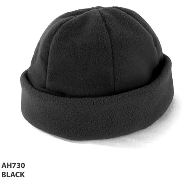 A black polar fleece beanie with a fold-over cuff and a smooth finish, featuring a logo.