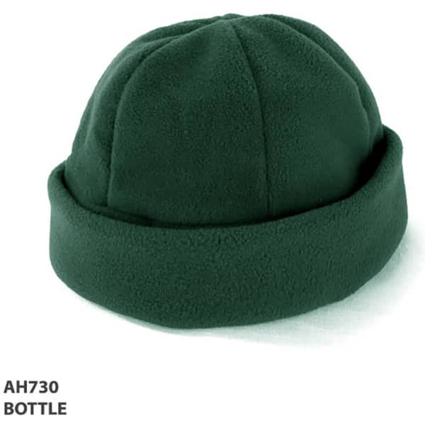 A green polar fleece beanie with a fold-up cuff and a circular top, featuring a logo.