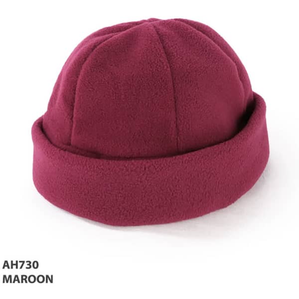 A maroon polar fleece beanie with a rolled cuff and a smooth texture. It features a logo on the side.