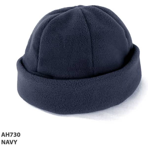 A navy polar fleece beanie with a rolled cuff, featuring a logo.