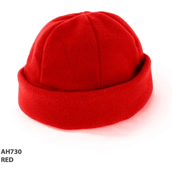 A bright red polar fleece beanie with a rolled cuff and a logo present on the side. 