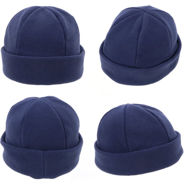 A polar fleece beanie in navy blue, displayed from multiple angles, featuring a simple design and a logo.