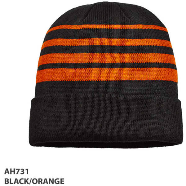 A black and orange striped beanie with a folded cuff and a logo.