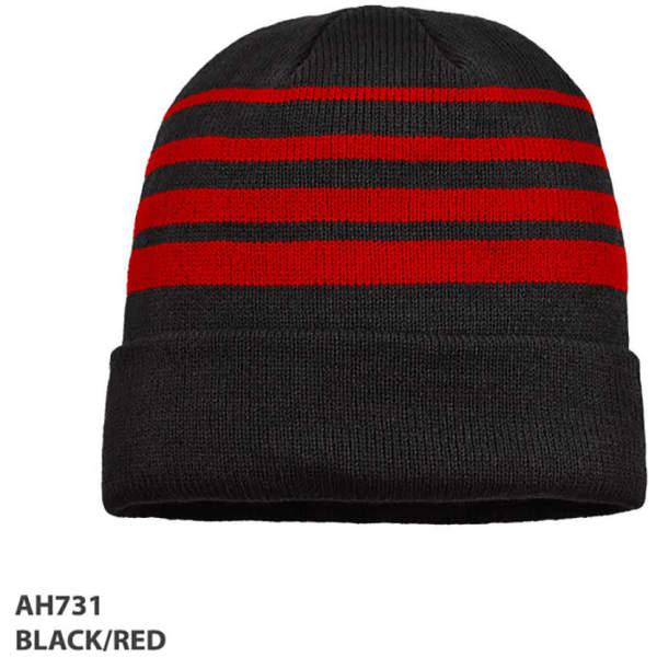 Acrylic beanie in black with red horizontal stripes, featuring a branding logo.