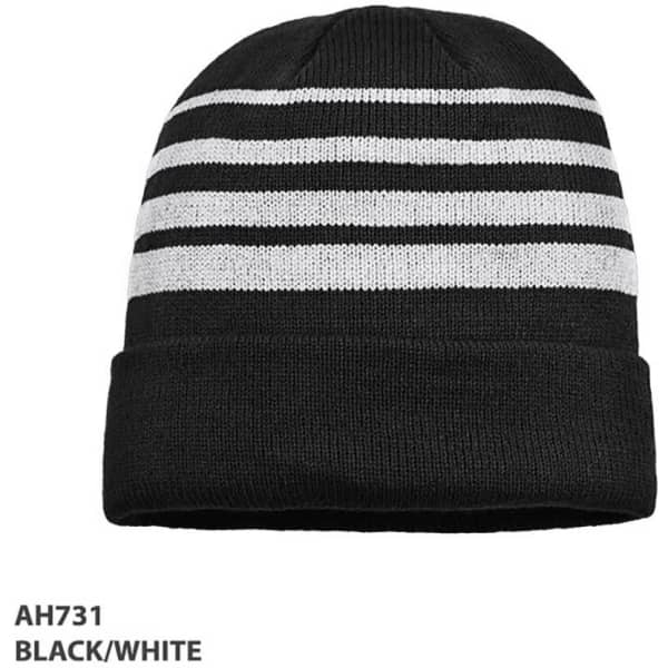 Acrylic beanie in black and white featuring horizontal stripes and a branded logo.