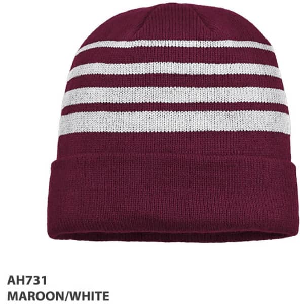 Acrylic beanie in maroon and white with horizontal stripes and a branded logo.