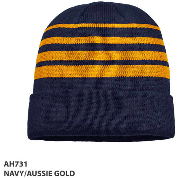 Acrylic beanie in navy with gold stripes, featuring a logo on the front.