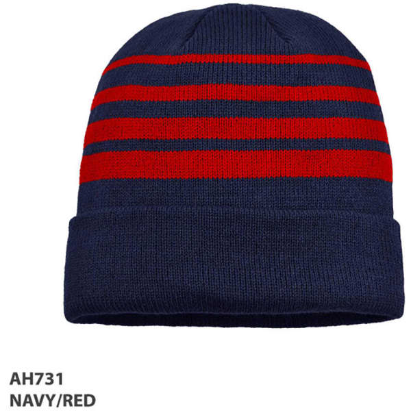 Acrylic beanie in navy and red, featuring striped design and a branding logo. Suitable for headwear collection.