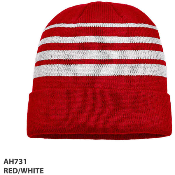 A red and white striped acrylic beanie featuring a folded brim and a logo.