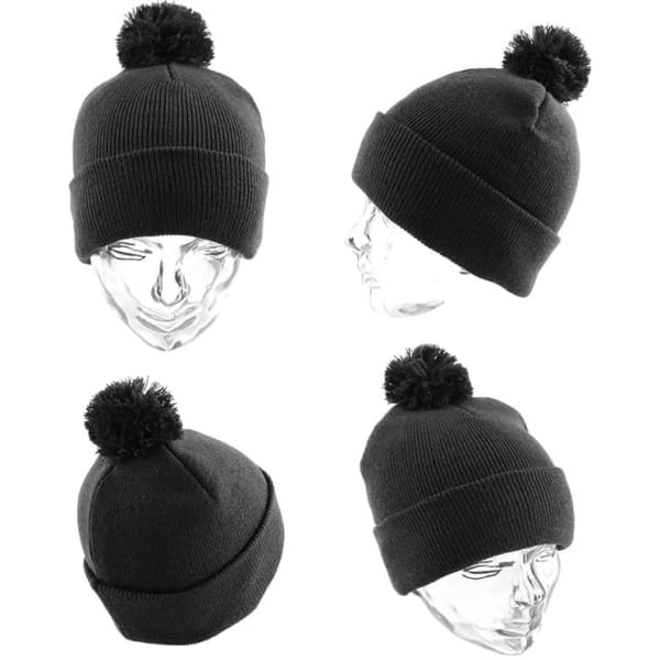 A black beanie with a pom-pom on top, displayed from different angles on a clear mannequin head.