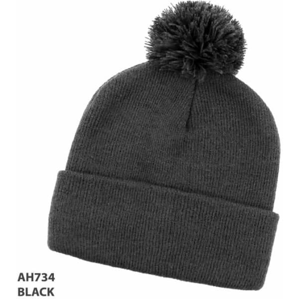 A black beanie with a ribbed texture and a pom-pom on top, featuring a small logo.