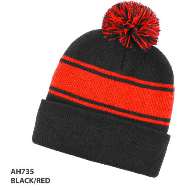 A black and red beanie with a pom-pom on top and two horizontal stripes. It features a logo on the side.