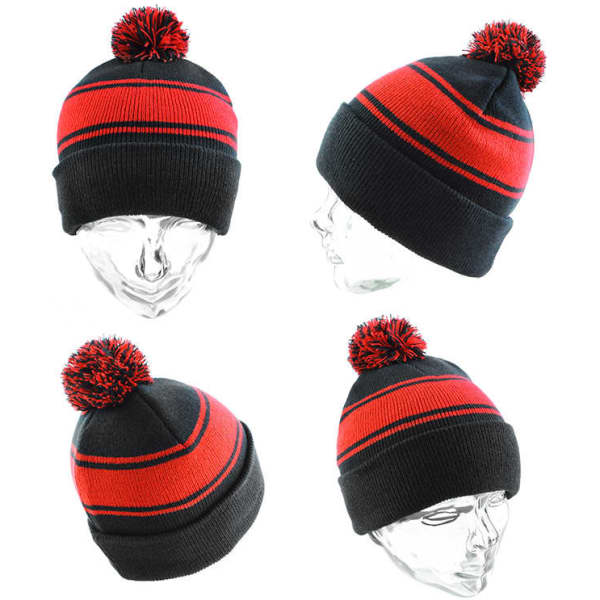A black beanie with red stripes and a pom-pom on top, displayed from multiple angles on a mannequin.