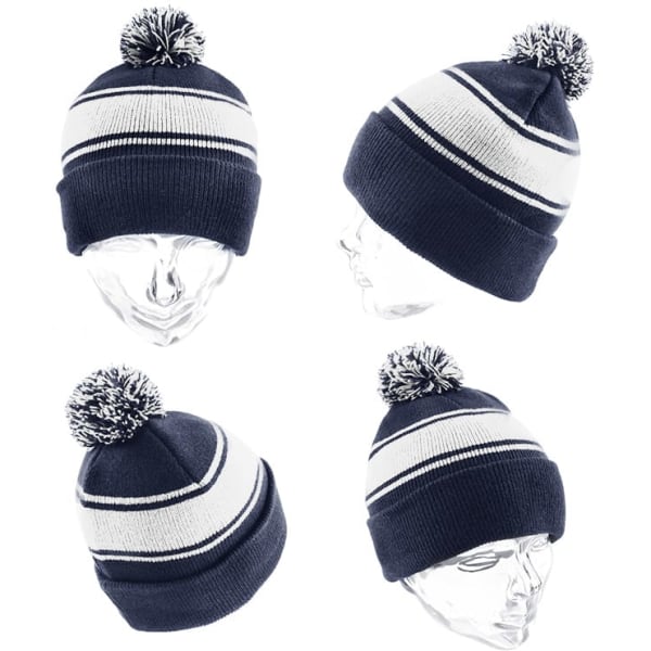 A navy and white beanie with a pom-pom on top, featuring striped patterns, displayed from multiple angles.