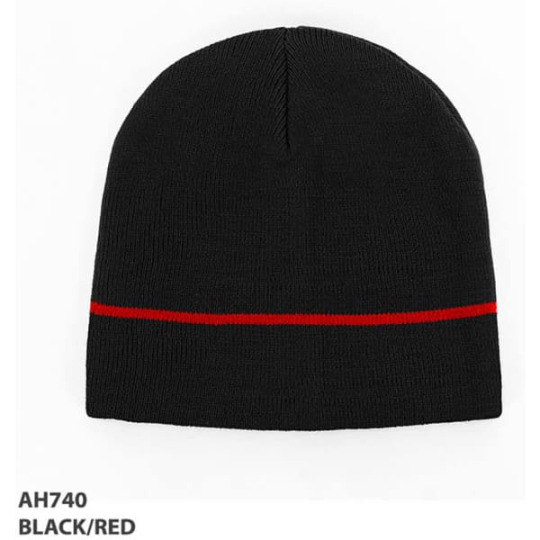 Acrylic beanie in black with a red stripe, featuring a logo.
