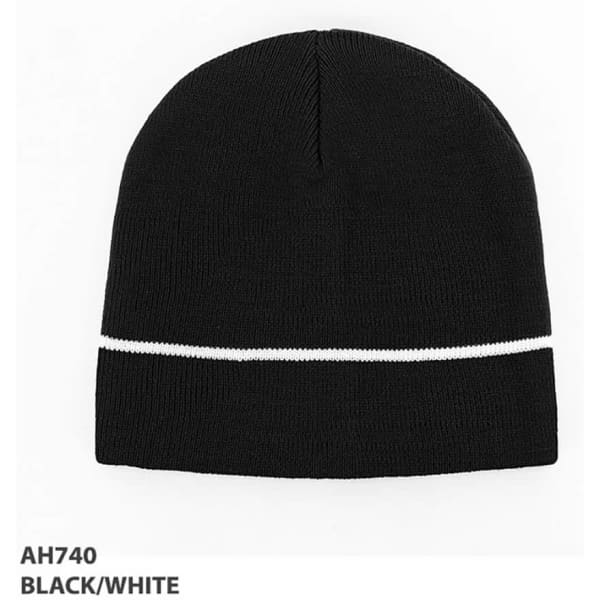 Acrylic beanie in black with a white stripe. Features a logo on the side.