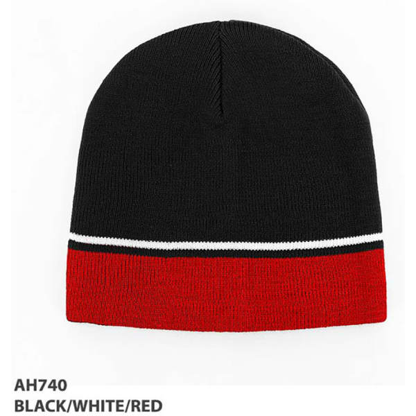 A black, white, and red two-tone acrylic beanie with a striped design at the bottom.