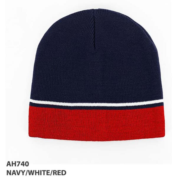 Acrylic two-tone beanie in navy, white, and red with a striped band. Features a logo on the side.