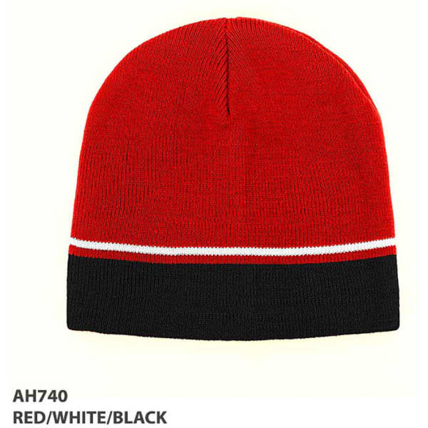 Acrylic two-tone beanie in red, white, and black, featuring a logo.