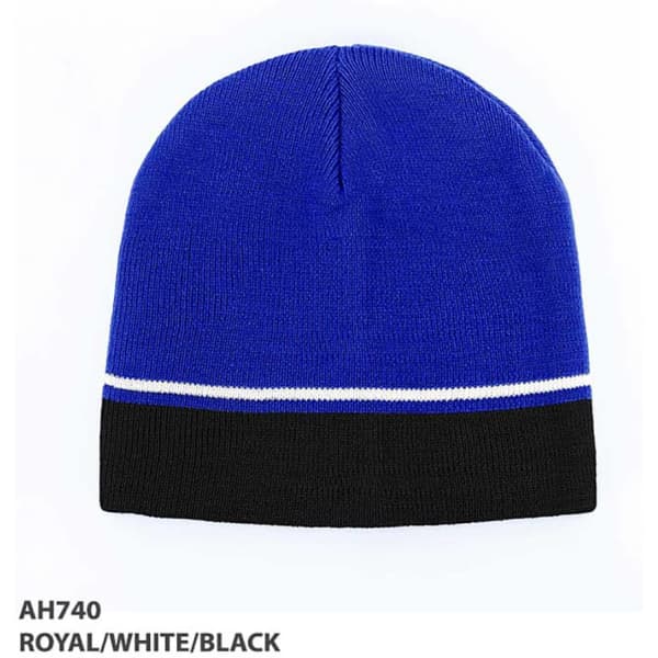 A two-tone beanie featuring royal blue, white, and black colours with a logo on it.