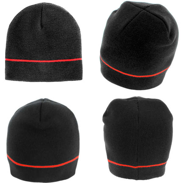 Acrylic two-tone beanie in black with a red stripe, showcased from multiple angles. It features a logo.